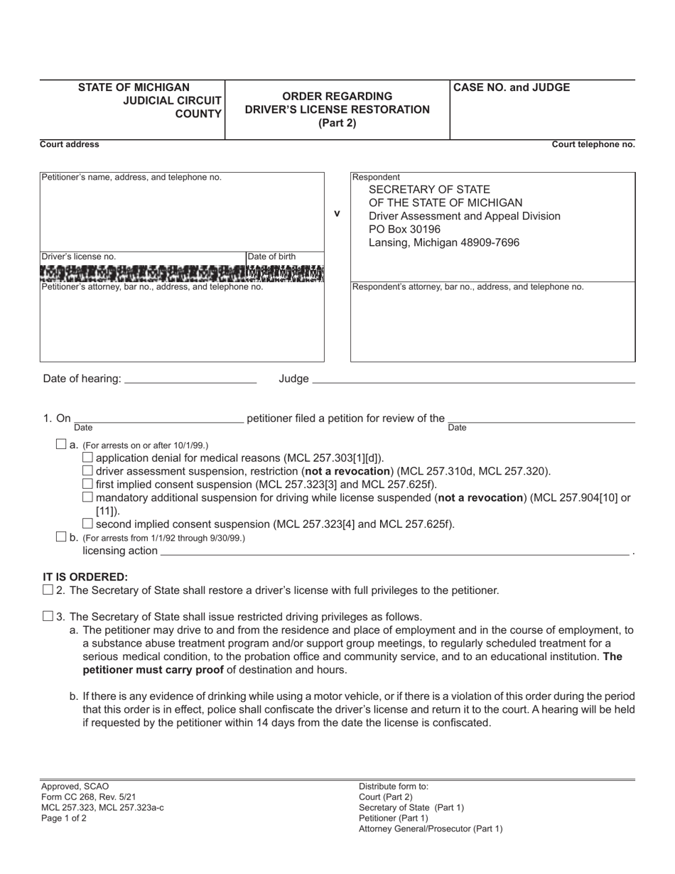 Form CC268 Order Regarding Drivers License Restoration - Michigan, Page 3