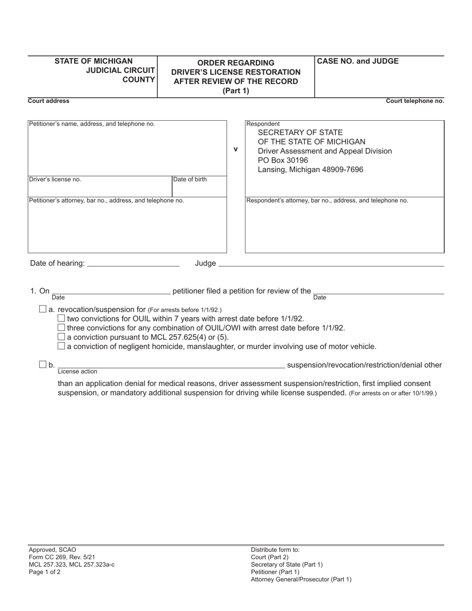 Form CC269 Order Regarding Drivers License Restoration After Review of the Record - Michigan, Page 1