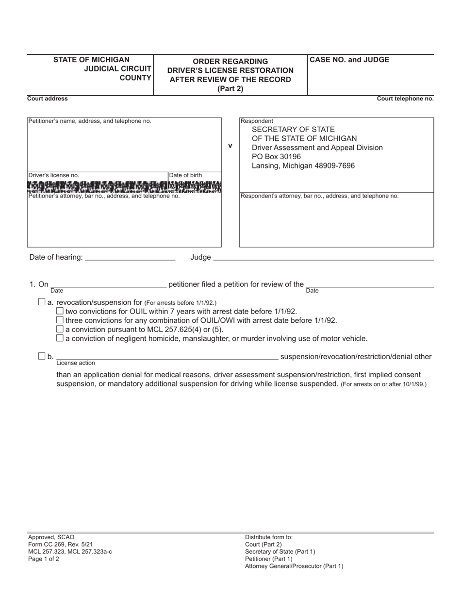 Form CC269 Order Regarding Drivers License Restoration After Review of the Record - Michigan, Page 3