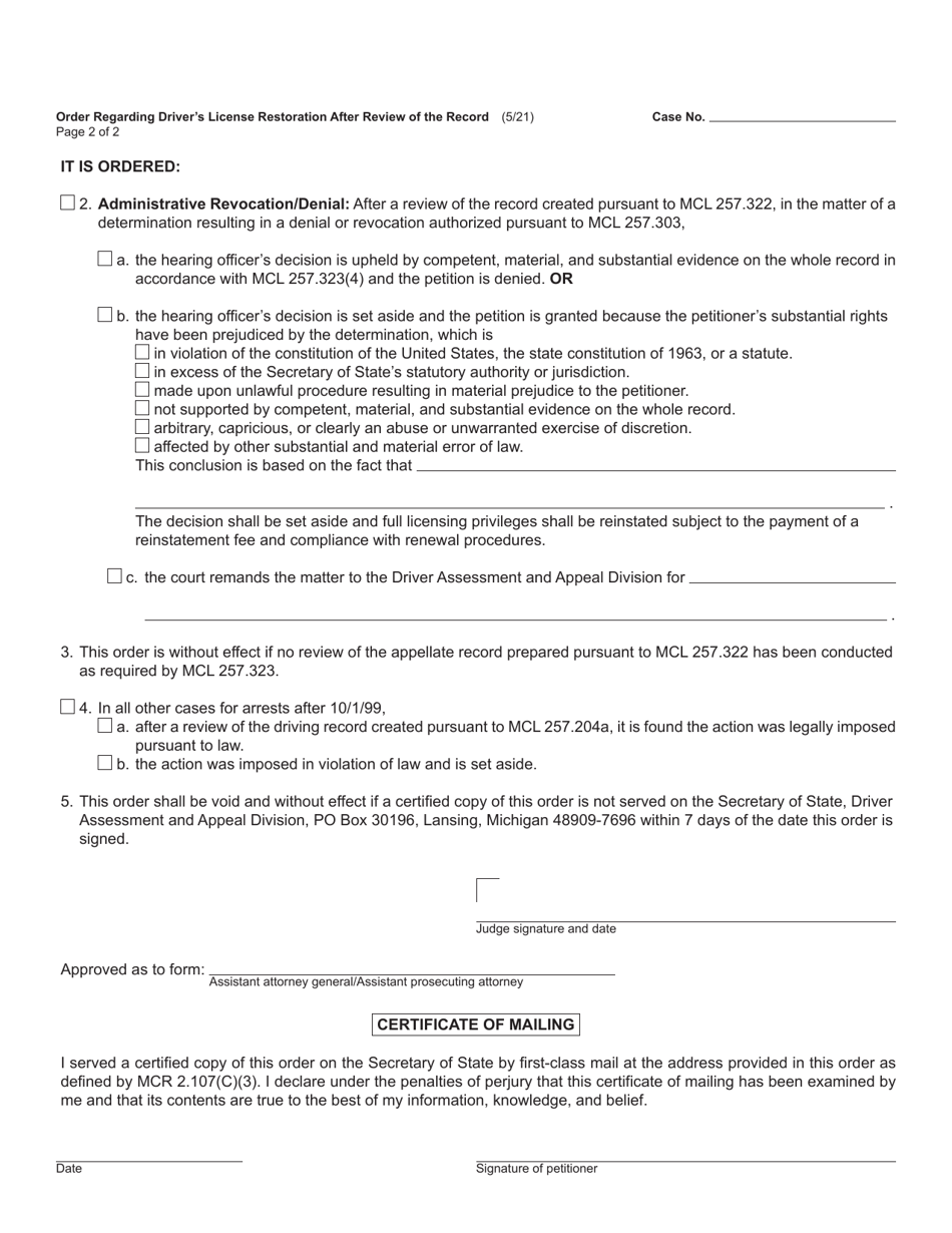 Form CC269 Order Regarding Drivers License Restoration After Review of the Record - Michigan, Page 4