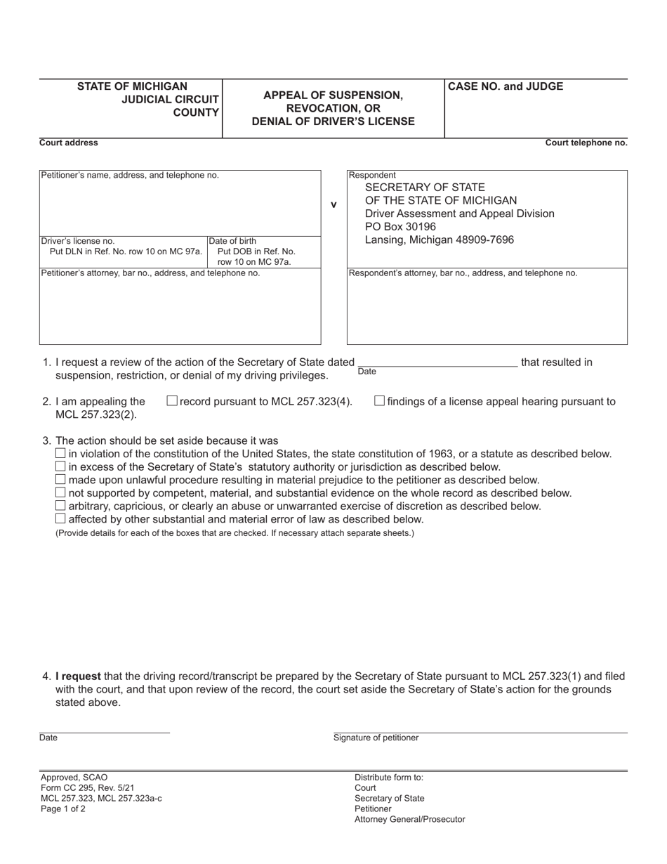 Form Cc295 Download Fillable Pdf Or Fill Online Appeal Of Suspension Revocation Or Denial Of Driver S License Michigan Templateroller Form Cc295 Download Fillable Pdf Or Fill Online Appeal Of Suspension Revocation Or Denial Of Driver S License Michigan Templateroller