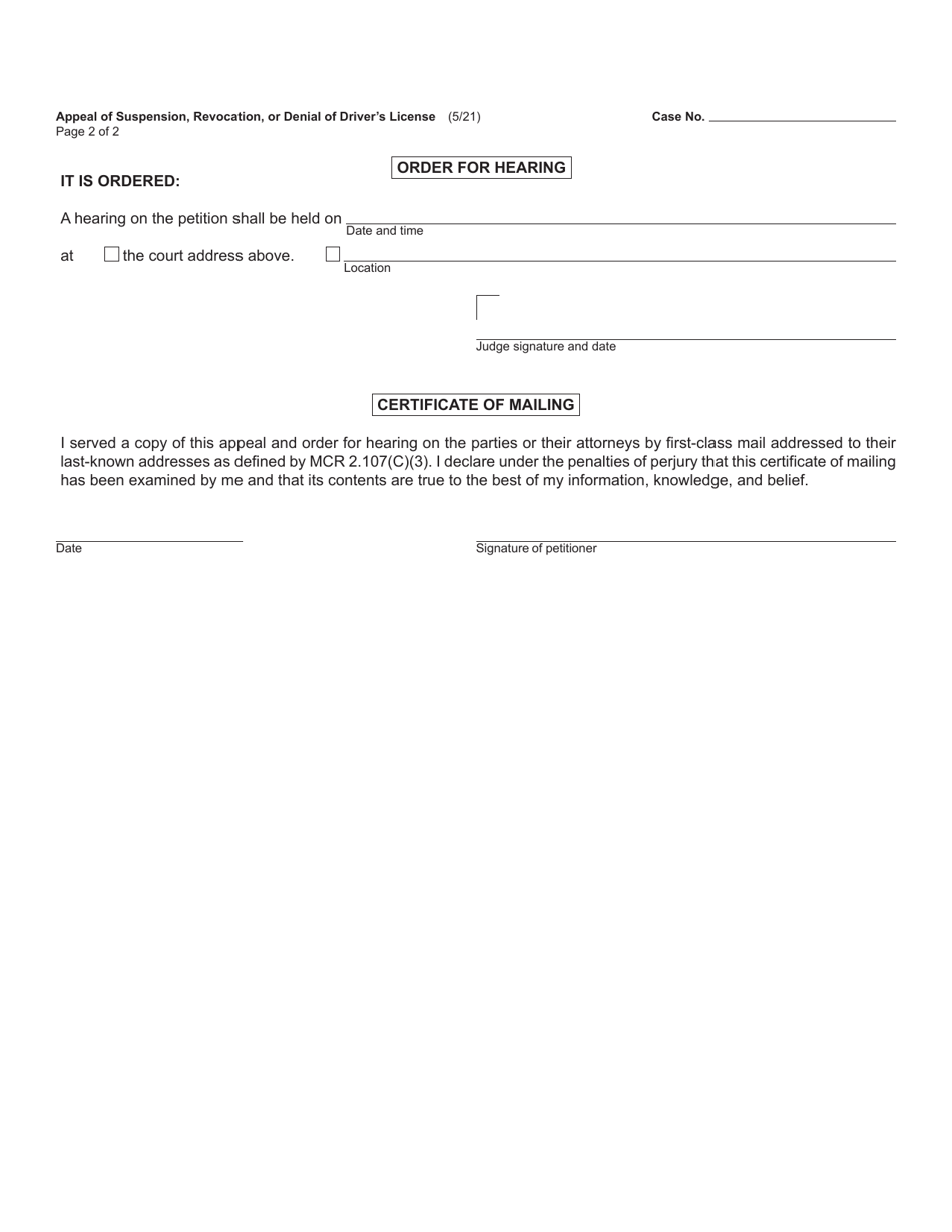 Form CC295 Appeal of Suspension, Revocation, or Denial of Drivers License - Michigan, Page 2