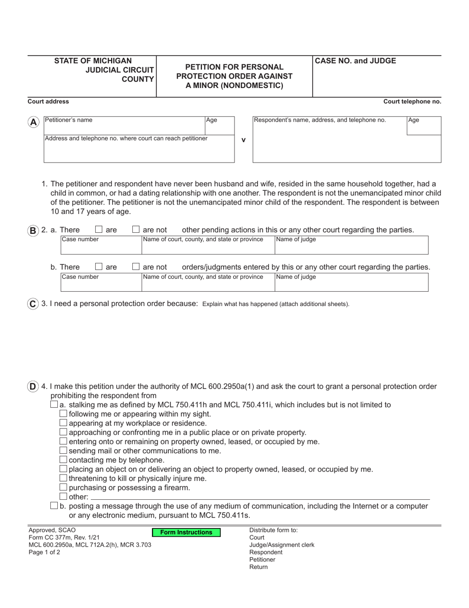Form CC377M Petition for Personal Protection Order Against a Minor (Nondomestic) - Michigan, Page 1