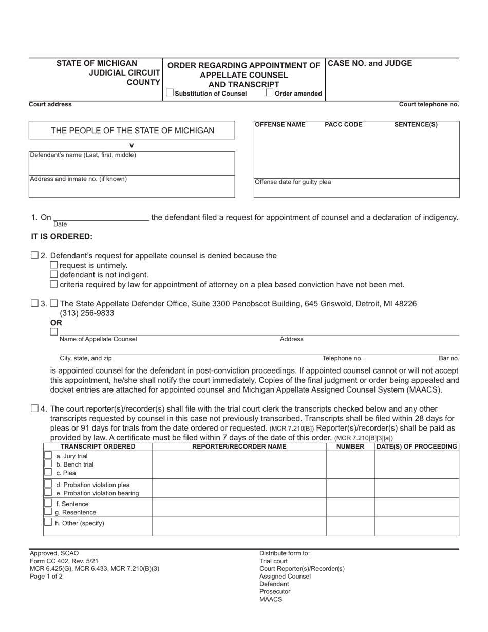 Form CC402 Order Regarding Appointment of Appellate Counsel and Transcript - Michigan, Page 1