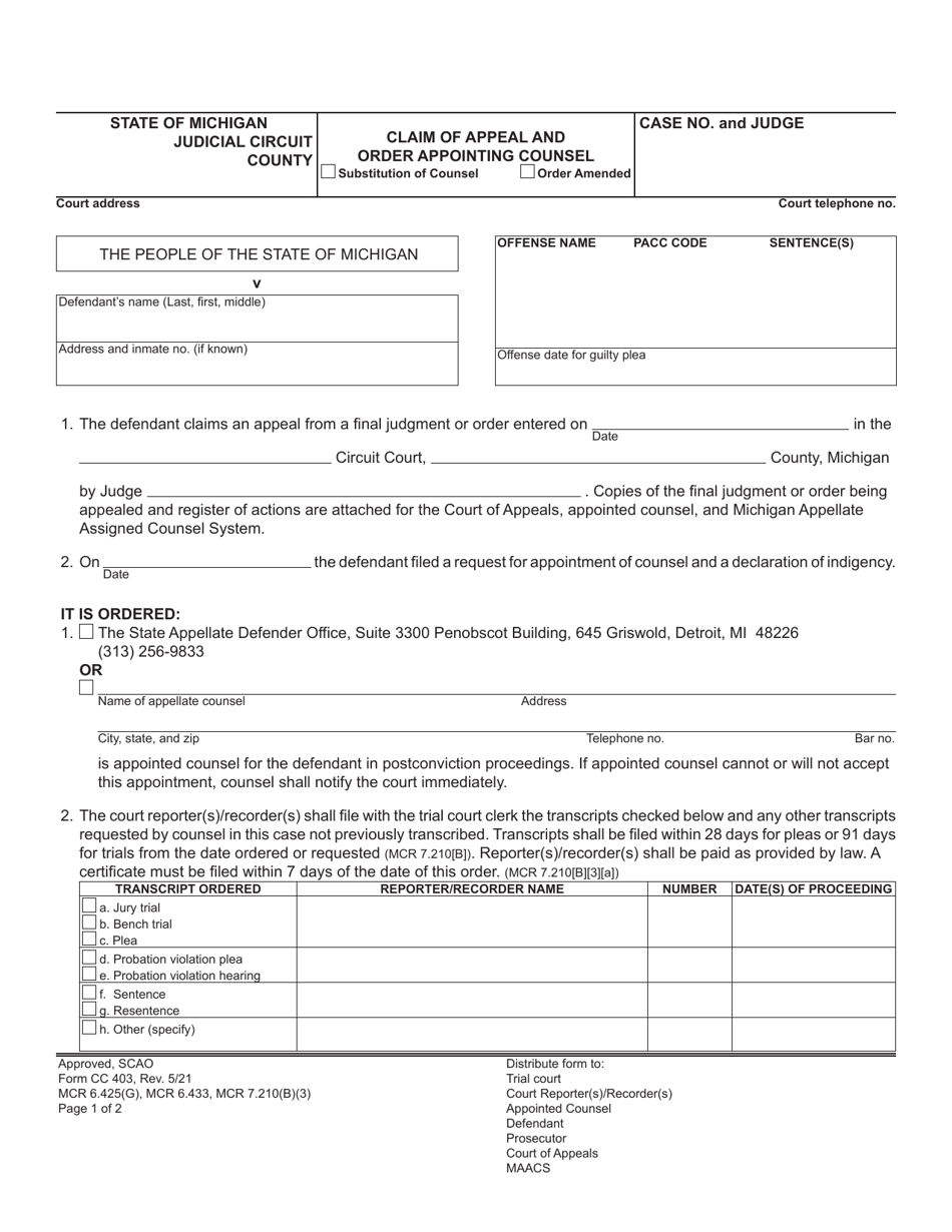 Form CC403 Claim of Appeal and Order Appointing Counsel - Michigan, Page 1