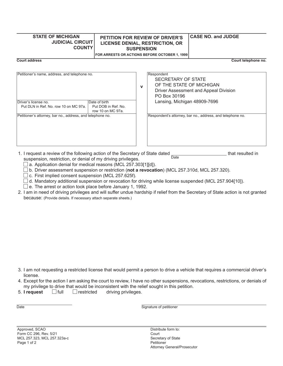 Form CC296 Petition for Review of Drivers License Denial, Restriction, or Suspension for Arrests or Actions Before October 1, 1999 - Michigan, Page 1