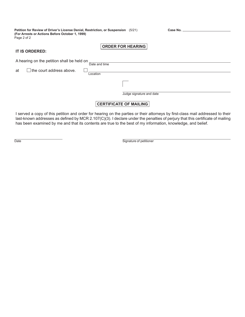 Form CC296 Petition for Review of Drivers License Denial, Restriction, or Suspension for Arrests or Actions Before October 1, 1999 - Michigan, Page 2