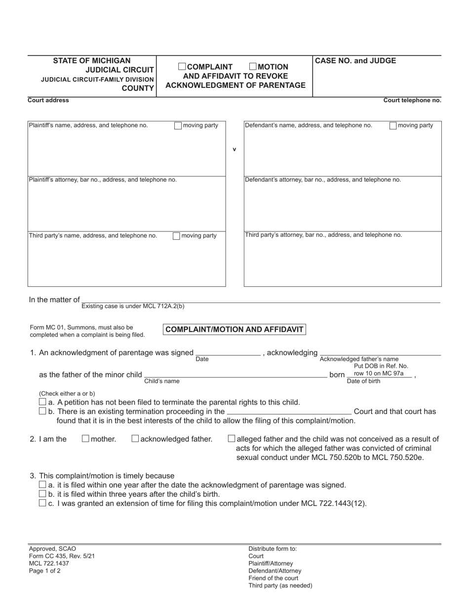 Form CC435 Complaint / Motion and Affidavit to Revoke Acknowledgment of Parentage - Michigan, Page 1