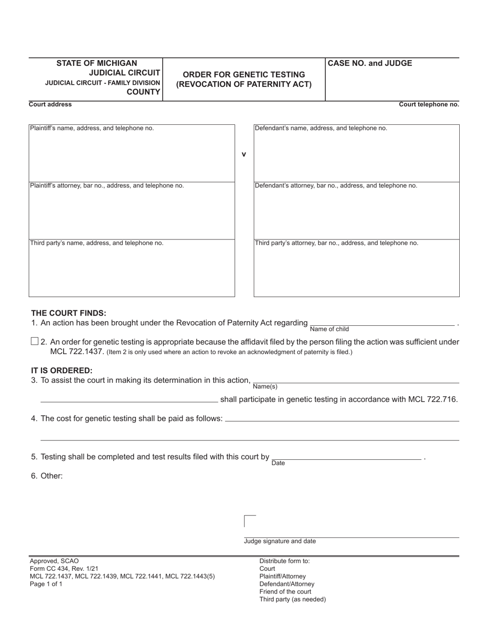 Form CC434 Order for Genetic Testing (Revocation of Paternity Act) - Michigan, Page 1