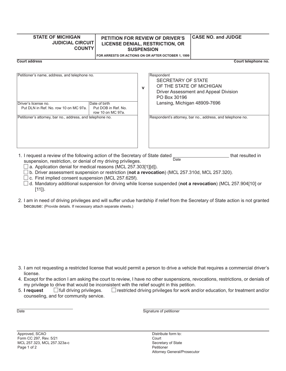 Form CC297 Petition for Review of Drivers License Denial, Restriction, or Suspension for Arrests or Actions on or After October 1, 1999 - Michigan, Page 1