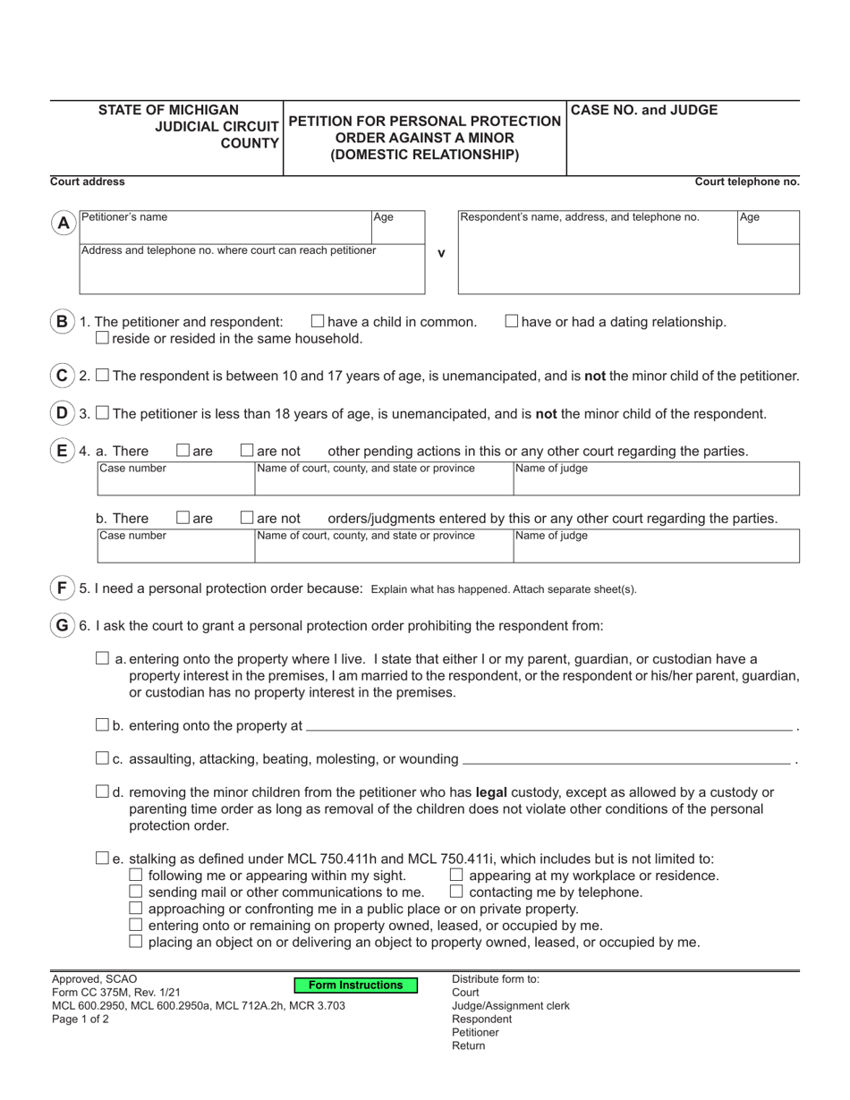 Form CC375M Petition for Personal Protection Order Against a Minor (Domestic Relationship) - Michigan, Page 1