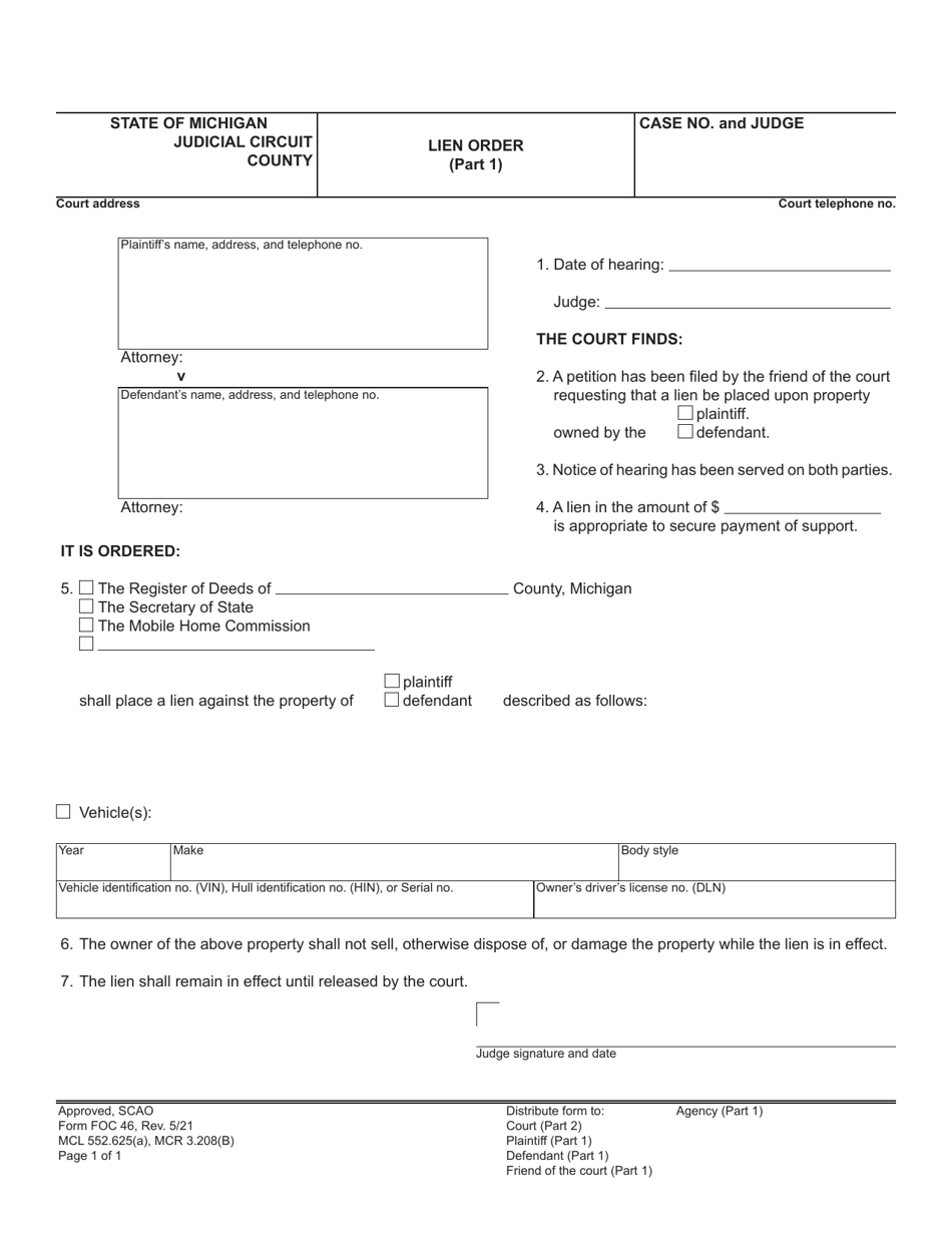 Form FOC46 Lien Order - Michigan, Page 1