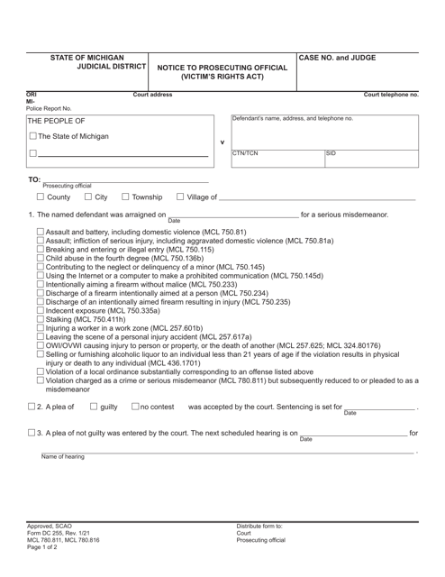Form DC255 Notice to Prosecuting Official (Victim&#039;s Rights Act) - Michigan