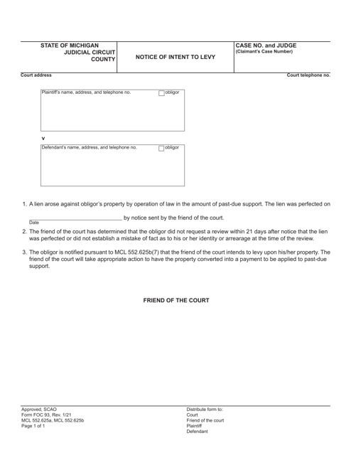 Form FOC93 Notice of Intent to Levy - Michigan