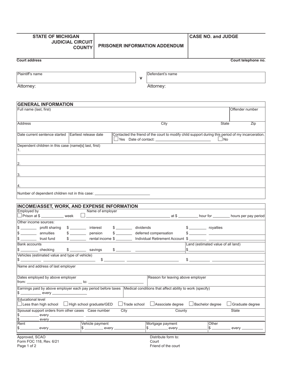 Form FOC118 Prisoner Information Addendum - Michigan, Page 1