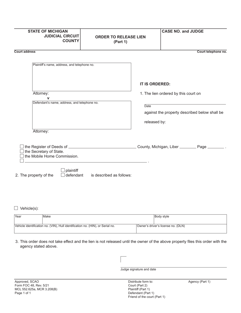 Form FOC48 Order to Release Lien - Michigan, Page 1