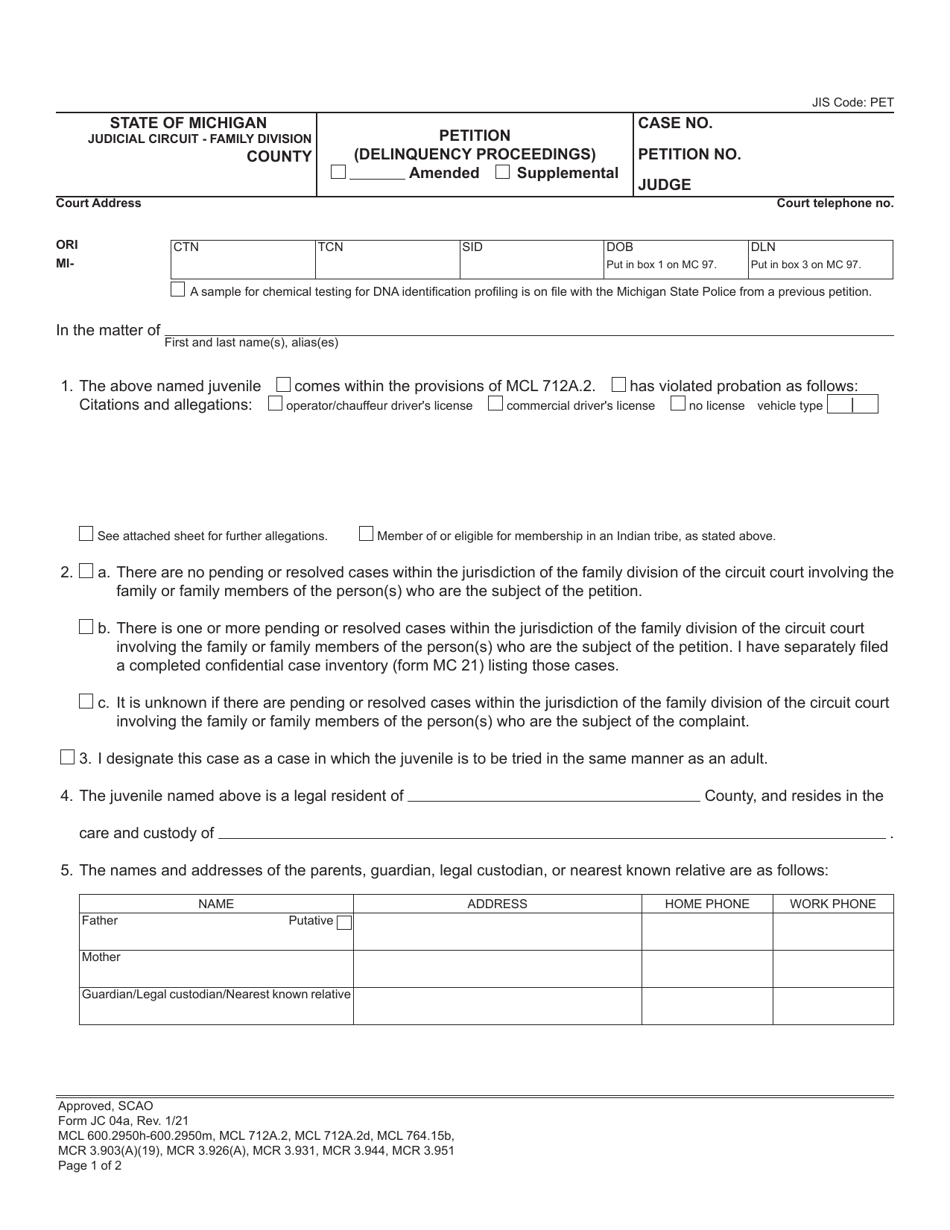 Form Jc04a Download Fillable Pdf Or Fill Online Petition (delinquency ...