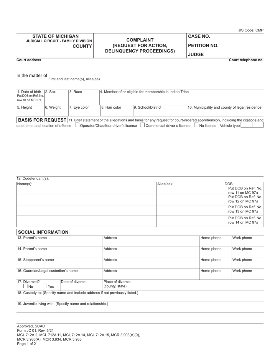 Form JC01 Complaint (Request for Action, Delinquency Proceedings) - Michigan, Page 1