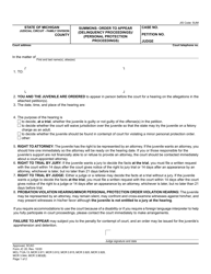 Form JC20 &quot;Summons: Order to Appear (Delinquency Proceedings)/(Personal Protection Proceedings)&quot; - Michigan