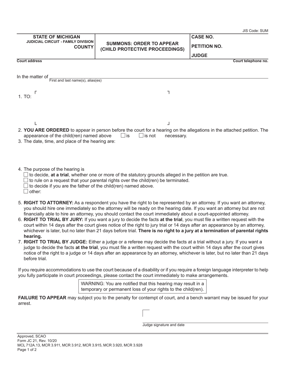 Form JC21 Summons: Order to Appear (Child Protective Proceedings) - Michigan, Page 1