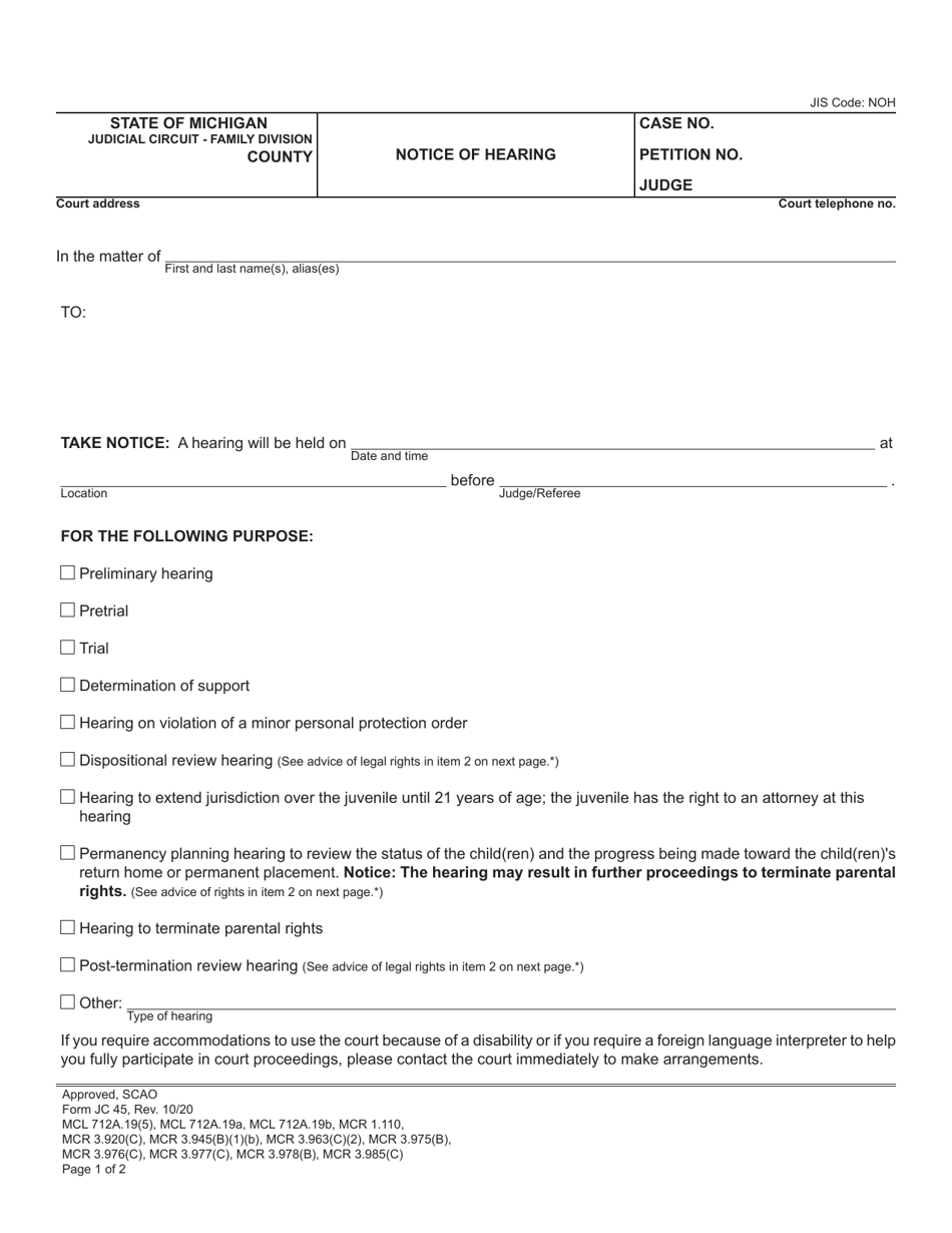 Form JC45 Notice of Hearing - Michigan, Page 1