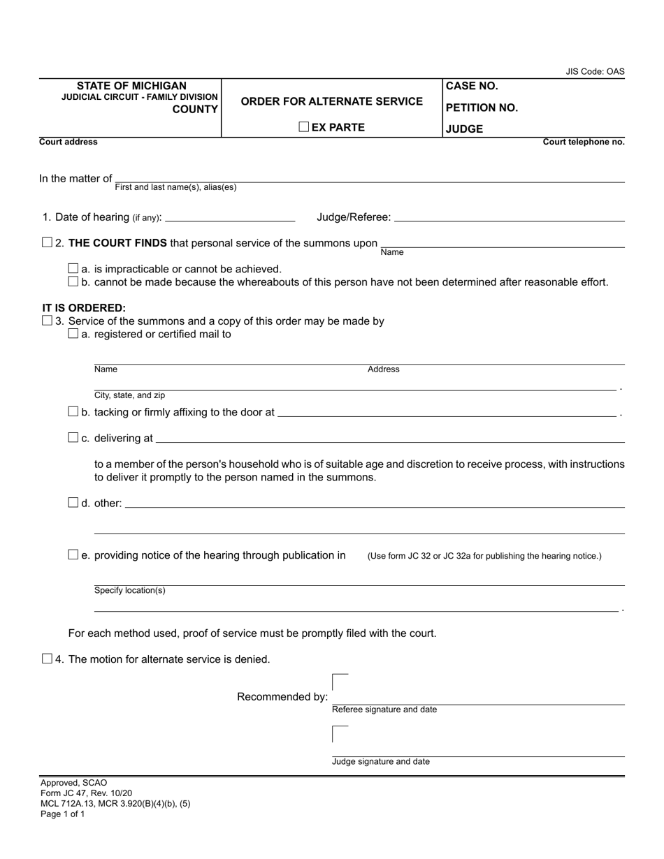 Form JC47 Download Fillable PDF or Fill Online Order for Alternate Service Michigan Templateroller