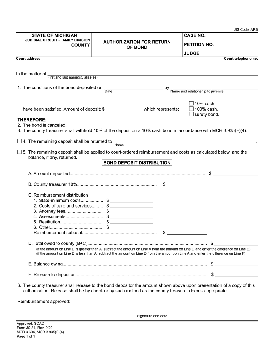 Form JC31 Authorization for Return of Bond - Michigan, Page 1