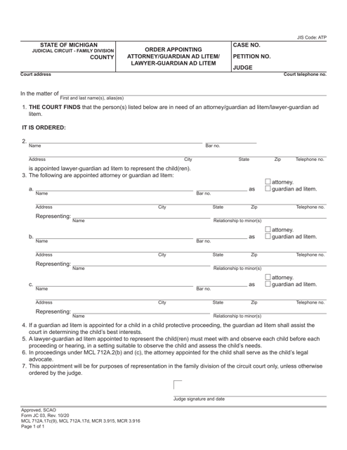 Form JC03 Order Appointing Attorney/Guardian Ad Litem/Lawyer-Guardian Ad Litem - Michigan