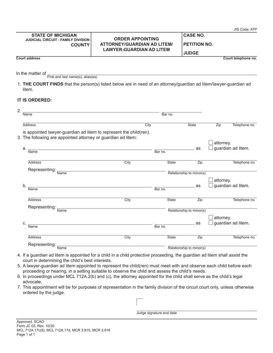Form JC03 Order Appointing Attorney/Guardian Ad Litem/Lawyer-Guardian Ad Litem - Michigan, Page 1