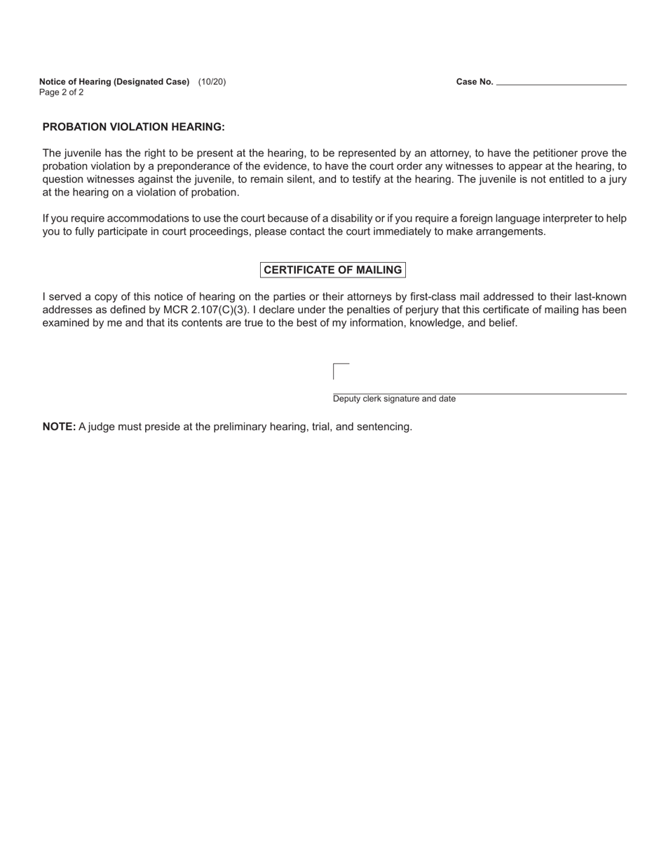 Form JC67 Notice of Hearing (Designated Case) - Michigan, Page 2