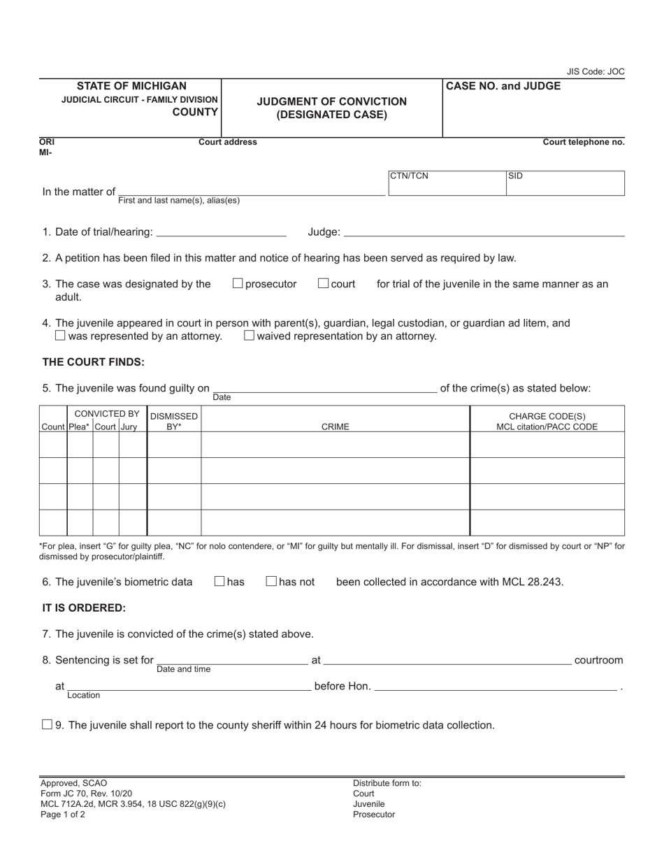 Form JC70 Judgment of Conviction (Designated Case) - Michigan, Page 1