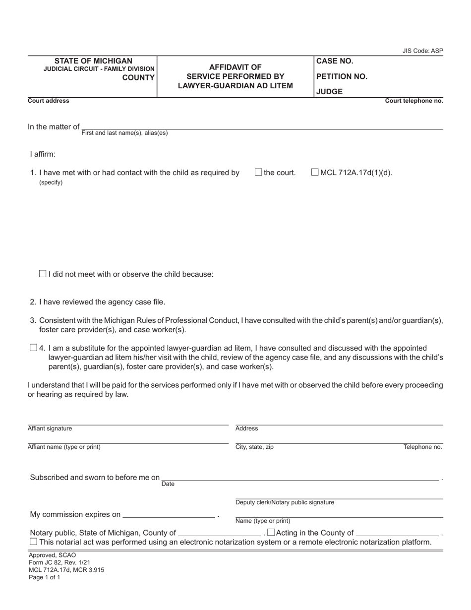 Form JC82 Affidavit of Service Performed by Lawyer-Guardian Ad Litem - Michigan, Page 1