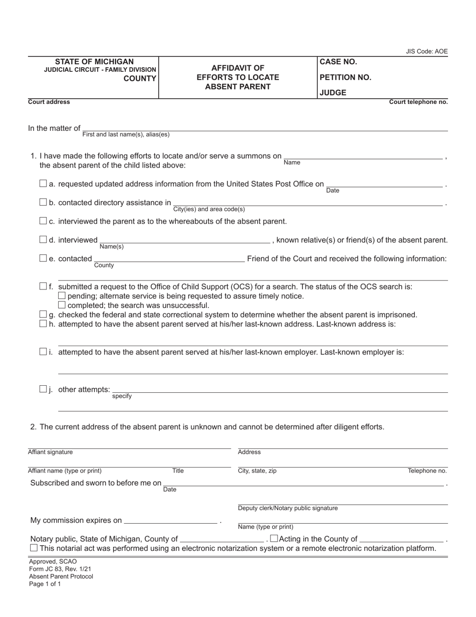 Form JC83 Affidavit of Efforts to Locate Absent Parent - Michigan, Page 1