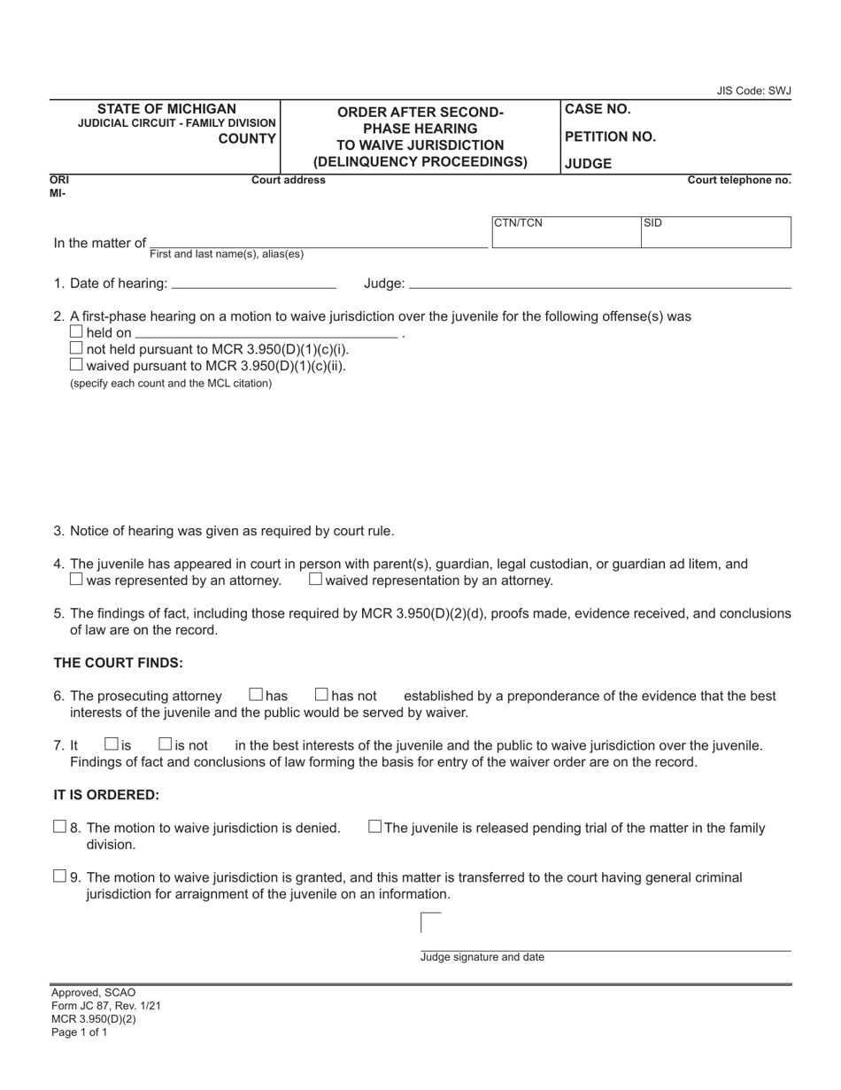 Form JC87 Order After Second-Phase Hearing to Waive Jurisdiction (Delinquency Proceedings) - Michigan, Page 1