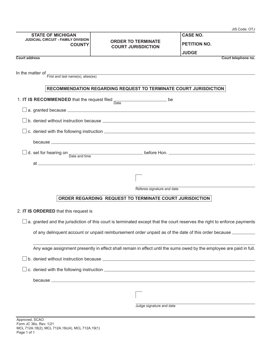 Form JC36O Order to Terminate Court Jurisdiction - Michigan, Page 1