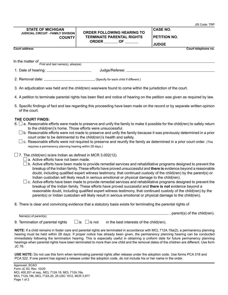 Form JC63 Order Following Hearing to Terminate Parental Rights - Michigan, Page 1