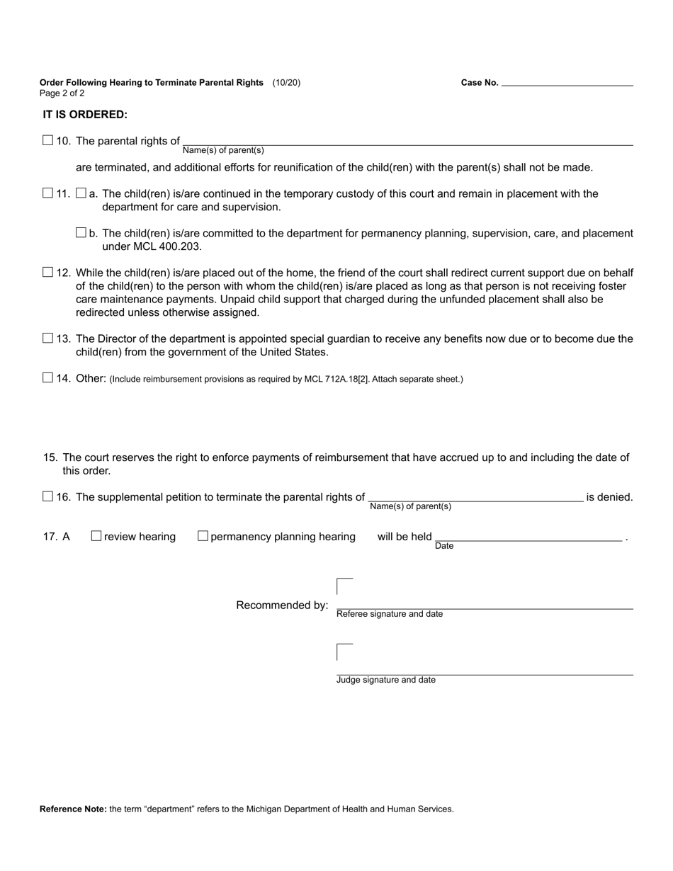Form JC63 Order Following Hearing to Terminate Parental Rights - Michigan, Page 2