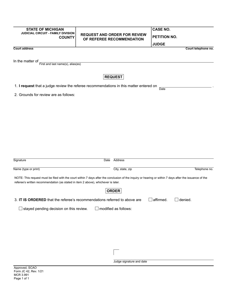 Form JC42 Request and Order for Review of Referee Recommendation - Michigan, Page 1