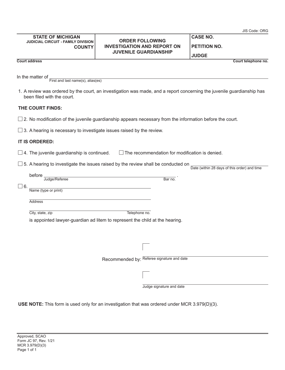 Form JC97 Order Following Investigation and Report on Juvenile Guardianship - Michigan, Page 1