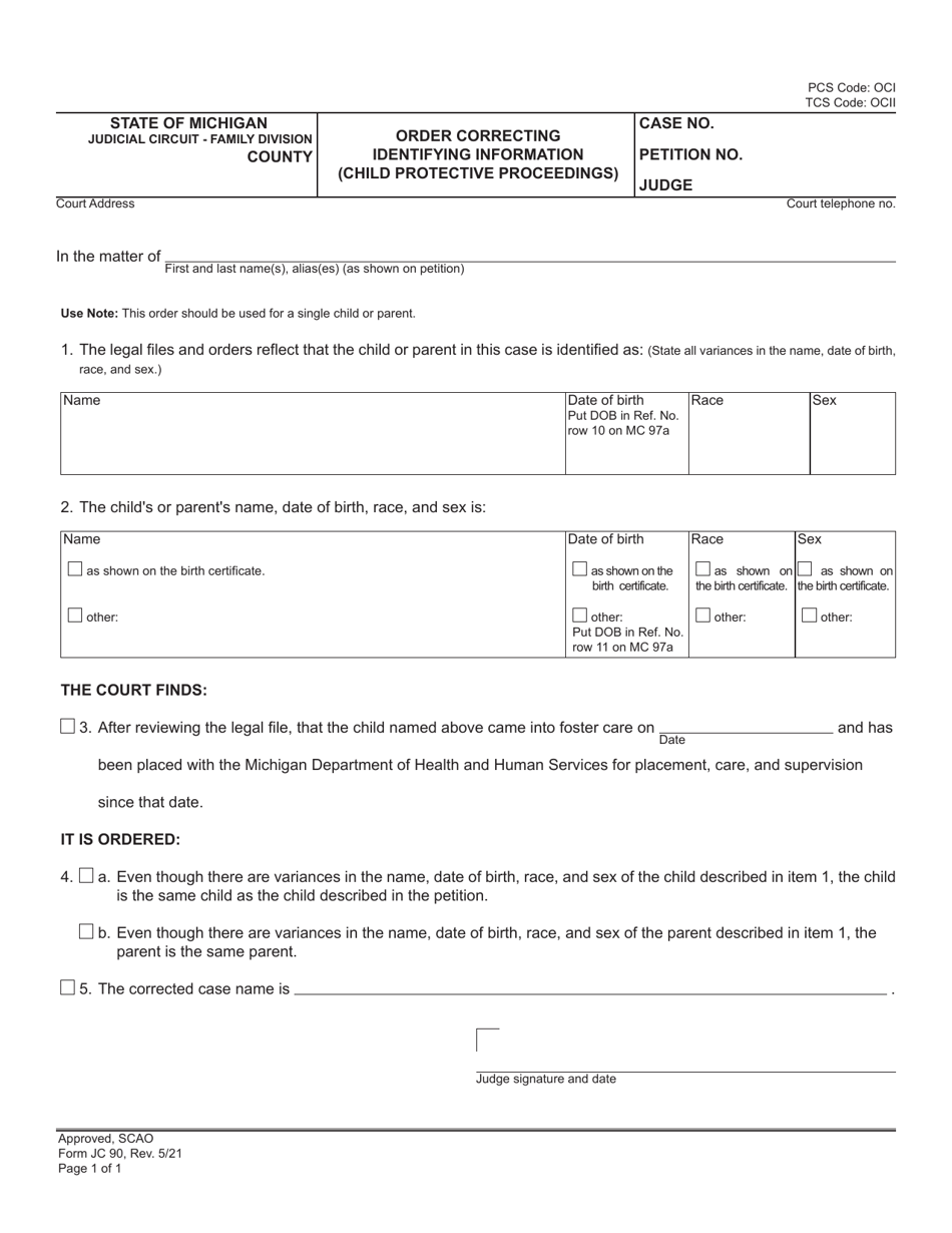 Form JC90 Order Correcting Identifying Information (Child Protective Proceedings) - Michigan, Page 1