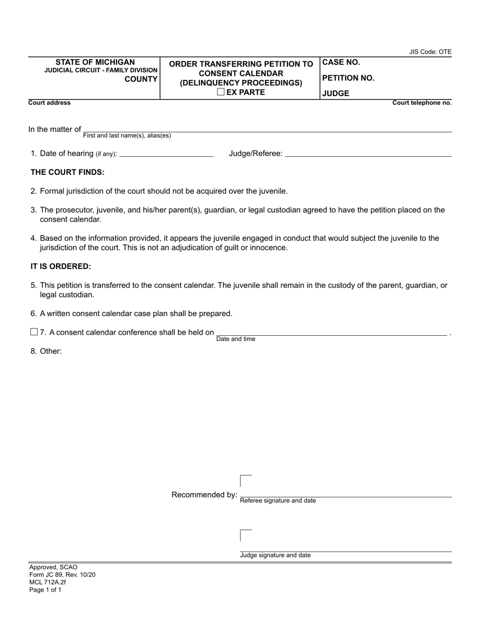 Form JC89 Order Transferring Petition to Consent Calendar (Delinquency Proceedings) - Michigan, Page 1