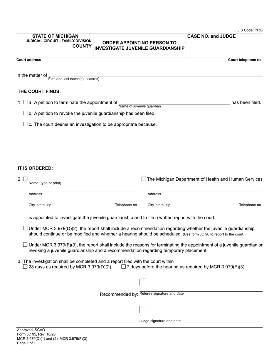 Form JC95 Order Appointing Person to Investigate Juvenile Guardianship - Michigan, Page 1