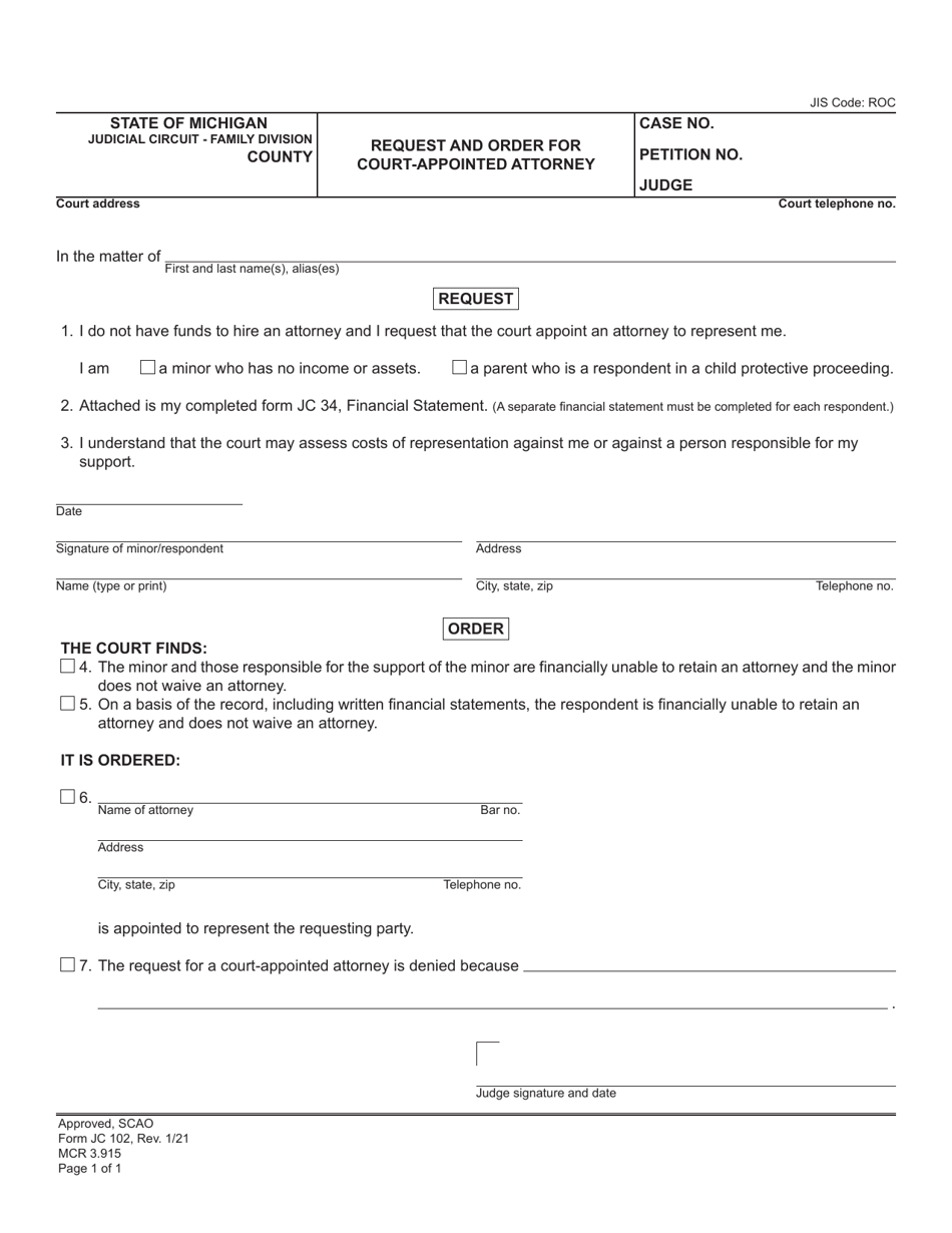 Form JC102 Request and Order for Court-Appointed Attorney - Michigan, Page 1