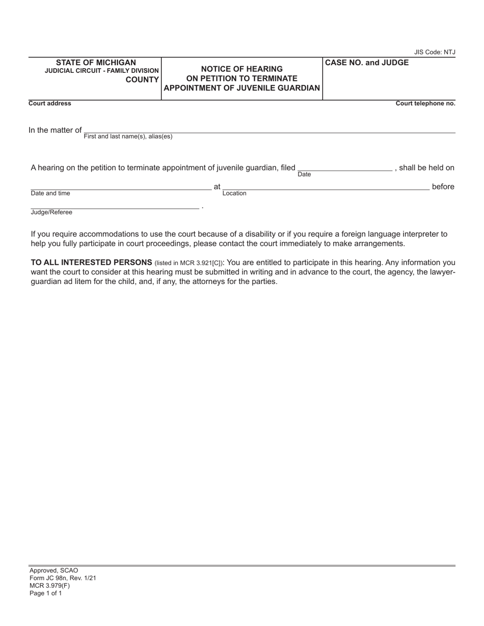 Form JC98N Notice of Hearing on Petition to Terminate Appointment of Juvenile Guardian - Michigan, Page 1