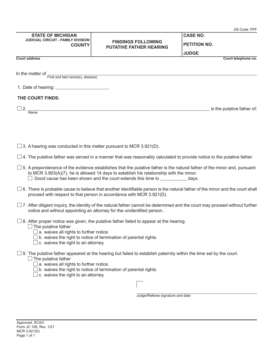 Form JC106 Findings Following Putative Father Hearing - Michigan, Page 1