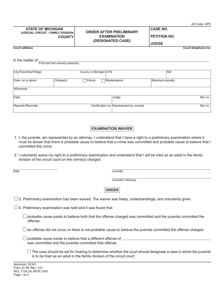 Form JC69 Download Fillable PDF or Fill Online Order After Preliminary ...