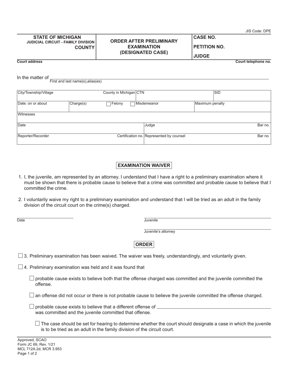 Form JC69 Order After Preliminary Examination (Designated Case) - Michigan, Page 1