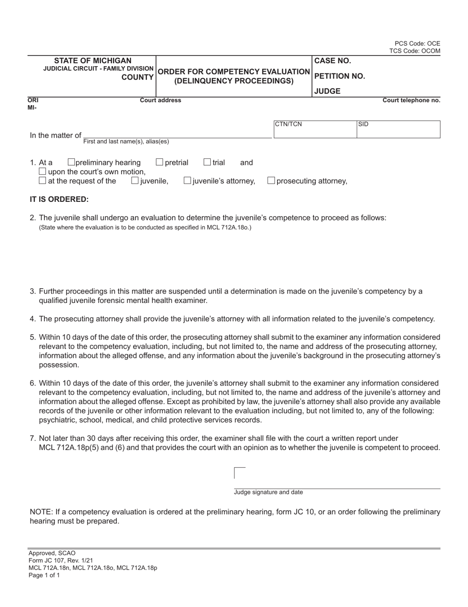 Form JC107 Order for Competency Evaluation (Delinquency Proceedings) - Michigan, Page 1