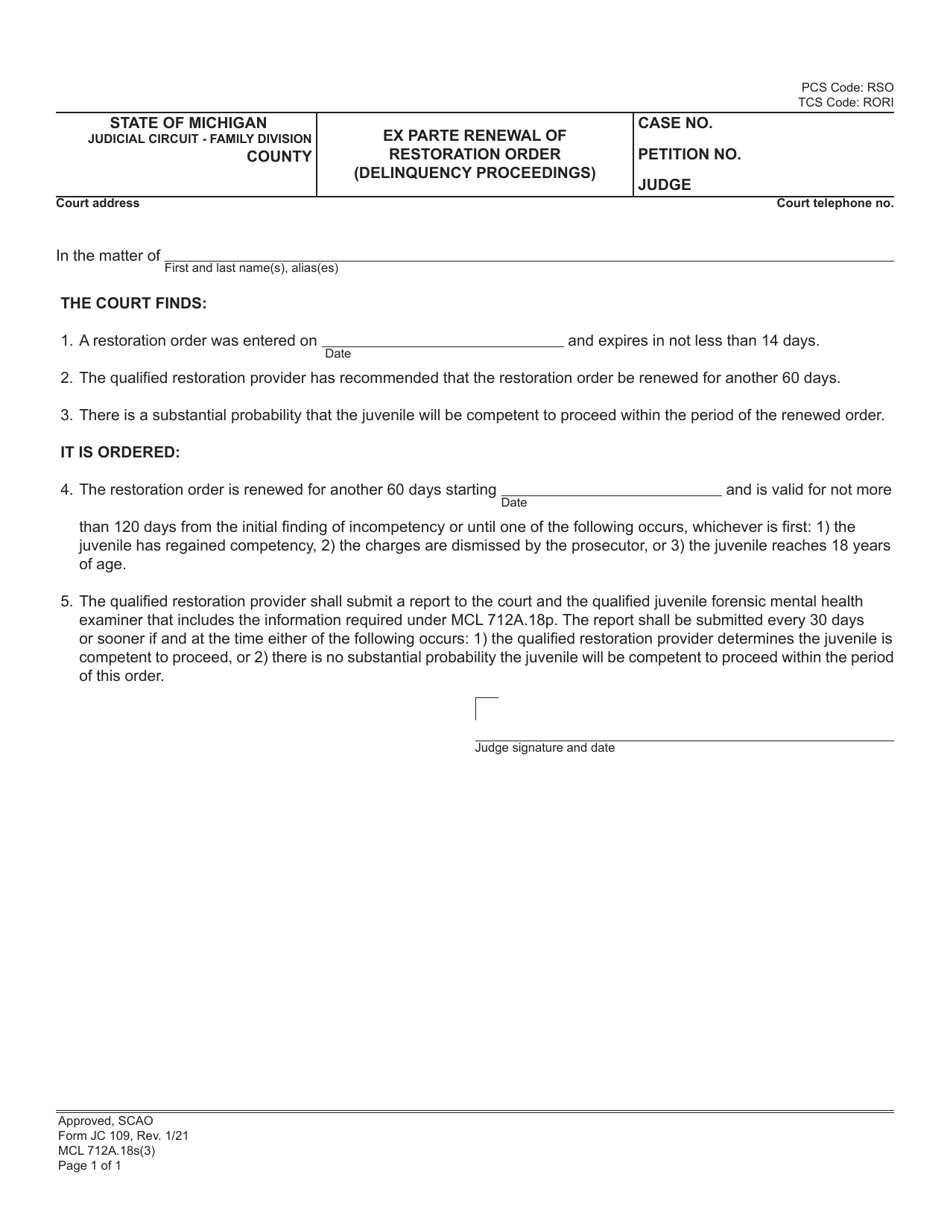 Form JC109 Ex Parte Renewal of Restoration Order (Delinquency Proceedings) - Michigan, Page 1