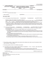 Form JC75 Order After Removal Hearing (Child Protective Proceedings) - Michigan